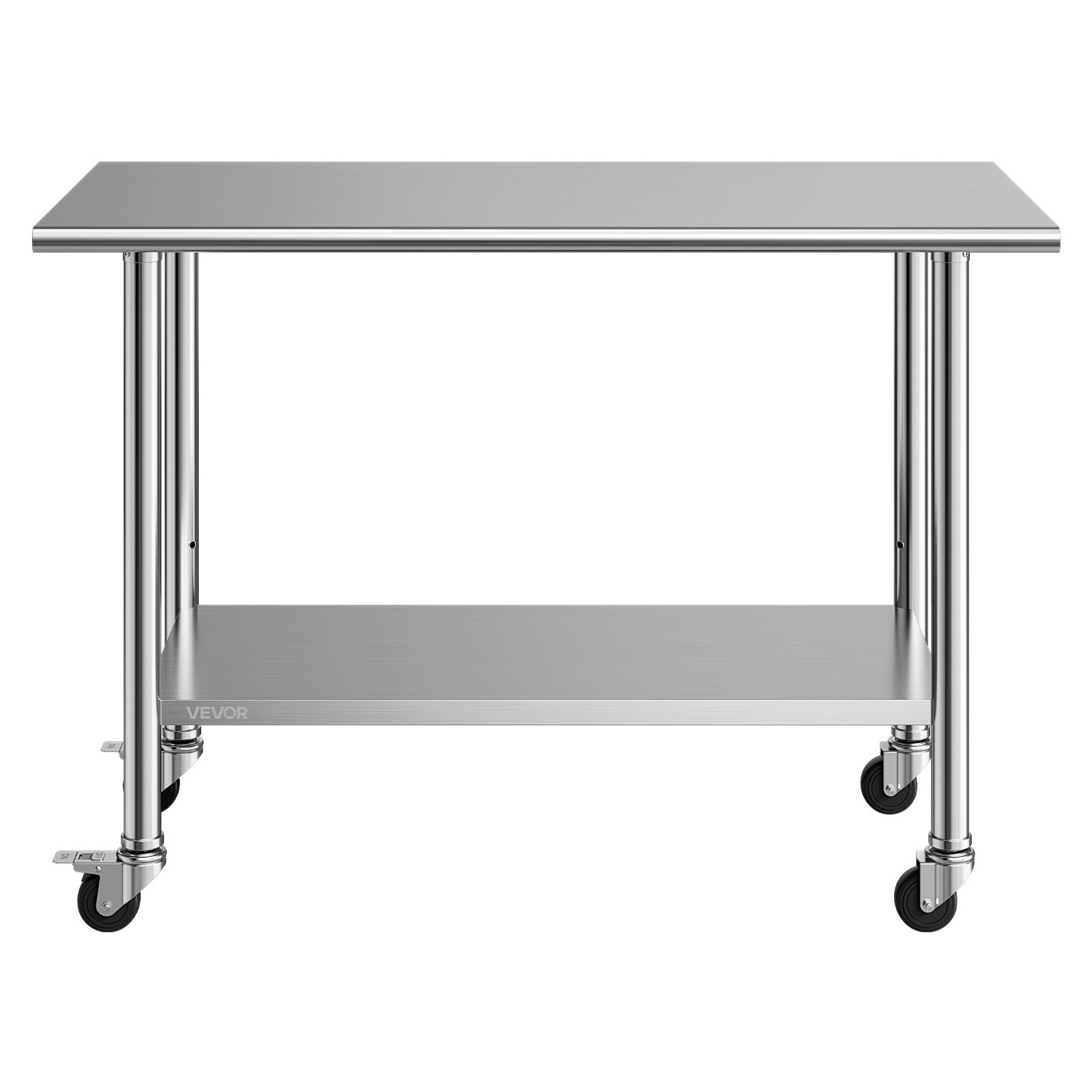 VEVOR Stainless Steel Work Table, 61x122 cm Food Prep Table with Wheels, Commercial Kitchen Workstation with Adjustable Undershelf, Metal Utility Worktable, for Restaurant Outdoor