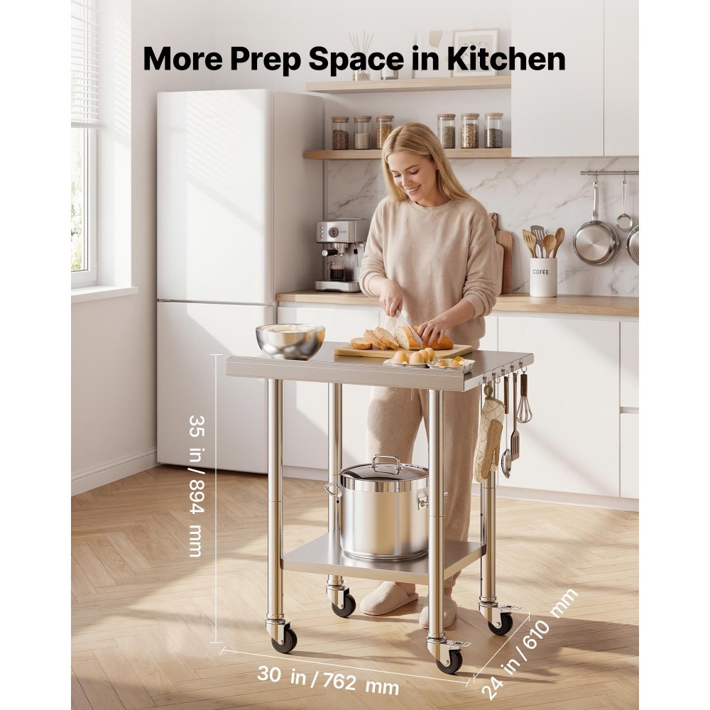 VEVOR Stainless Steel Work Table, 61x76 cm Food Prep Table with Wheels and Backsplash, Commercial Kitchen Workstation with Adjustable Undershelf, Metal Utility Worktable, for Restaurant Outdoor