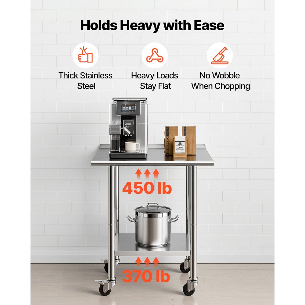 VEVOR Stainless Steel Work Table, 61x76 cm Food Prep Table with Wheels and Backsplash, Commercial Kitchen Workstation with Adjustable Undershelf, Metal Utility Worktable, for Restaurant Outdoor