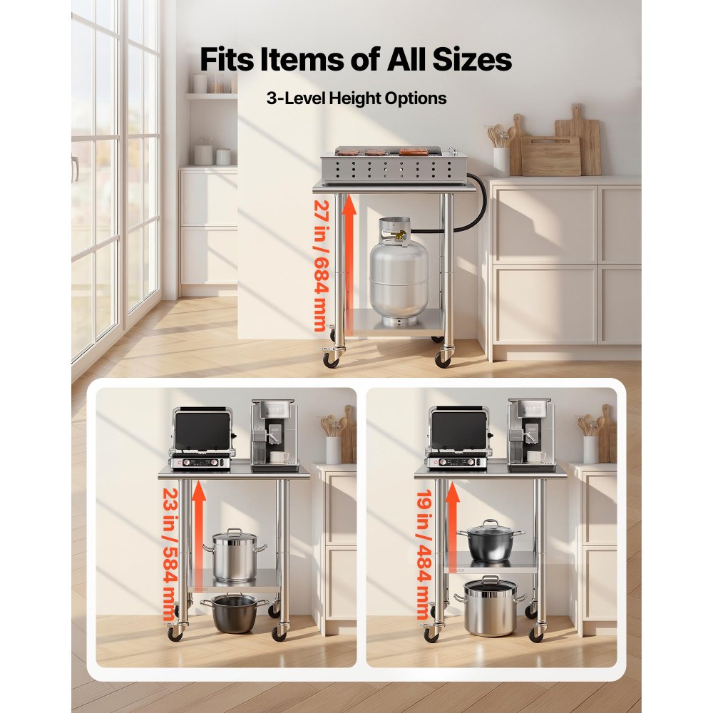 VEVOR Stainless Steel Work Table, 61x76 cm Food Prep Table with Wheels and Backsplash, Commercial Kitchen Workstation with Adjustable Undershelf, Metal Utility Worktable, for Restaurant Outdoor