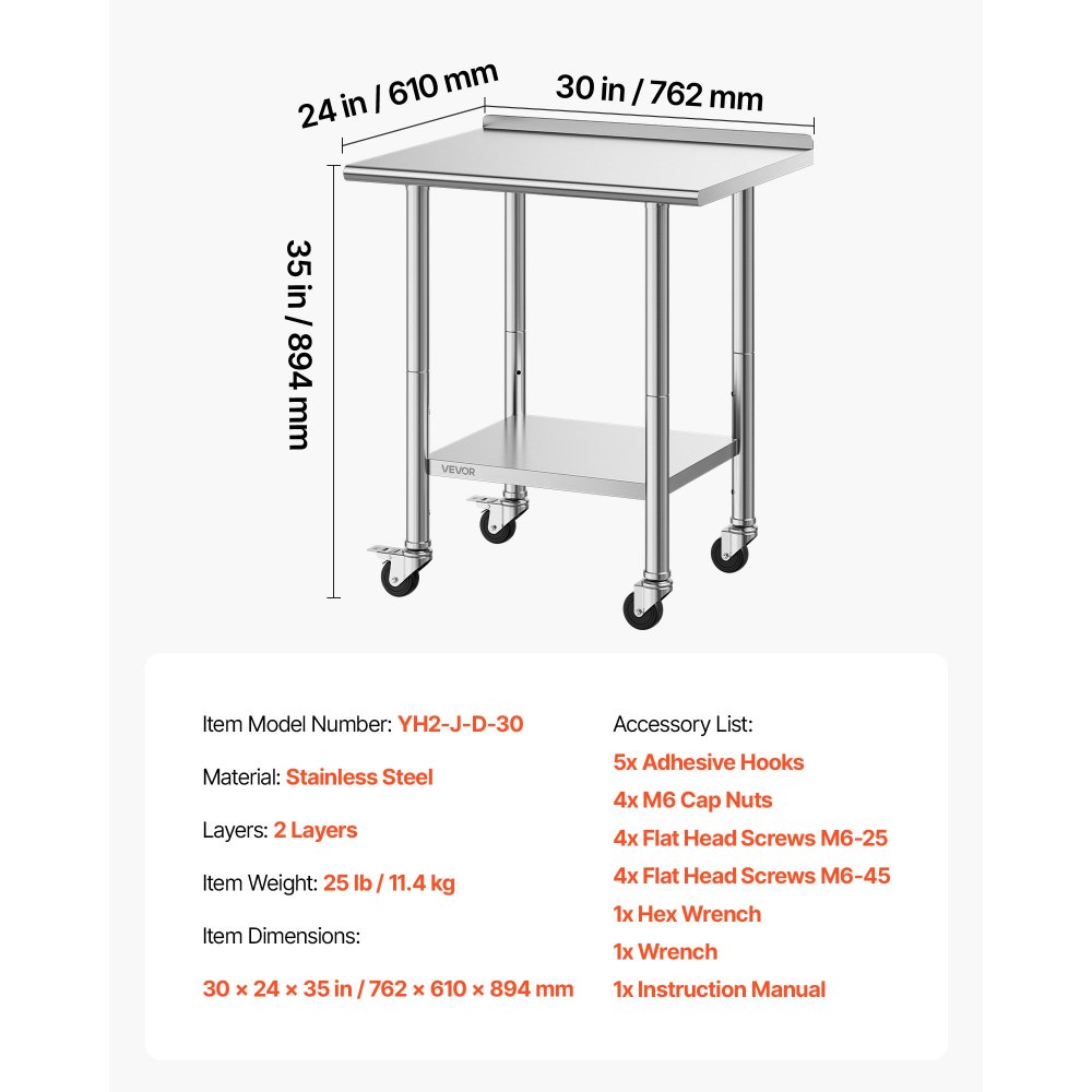 VEVOR Stainless Steel Work Table, 61x76 cm Food Prep Table with Wheels and Backsplash, Commercial Kitchen Workstation with Adjustable Undershelf, Metal Utility Worktable, for Restaurant Outdoor
