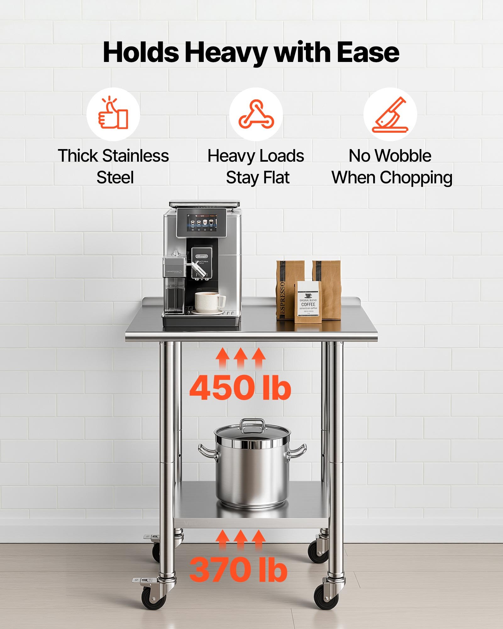 VEVOR Stainless Steel Work Table, 61x76 cm Food Prep Table with Wheels and Backsplash, Commercial Kitchen Workstation with Adjustable Undershelf, Metal Utility Worktable, for Restaurant Outdoor