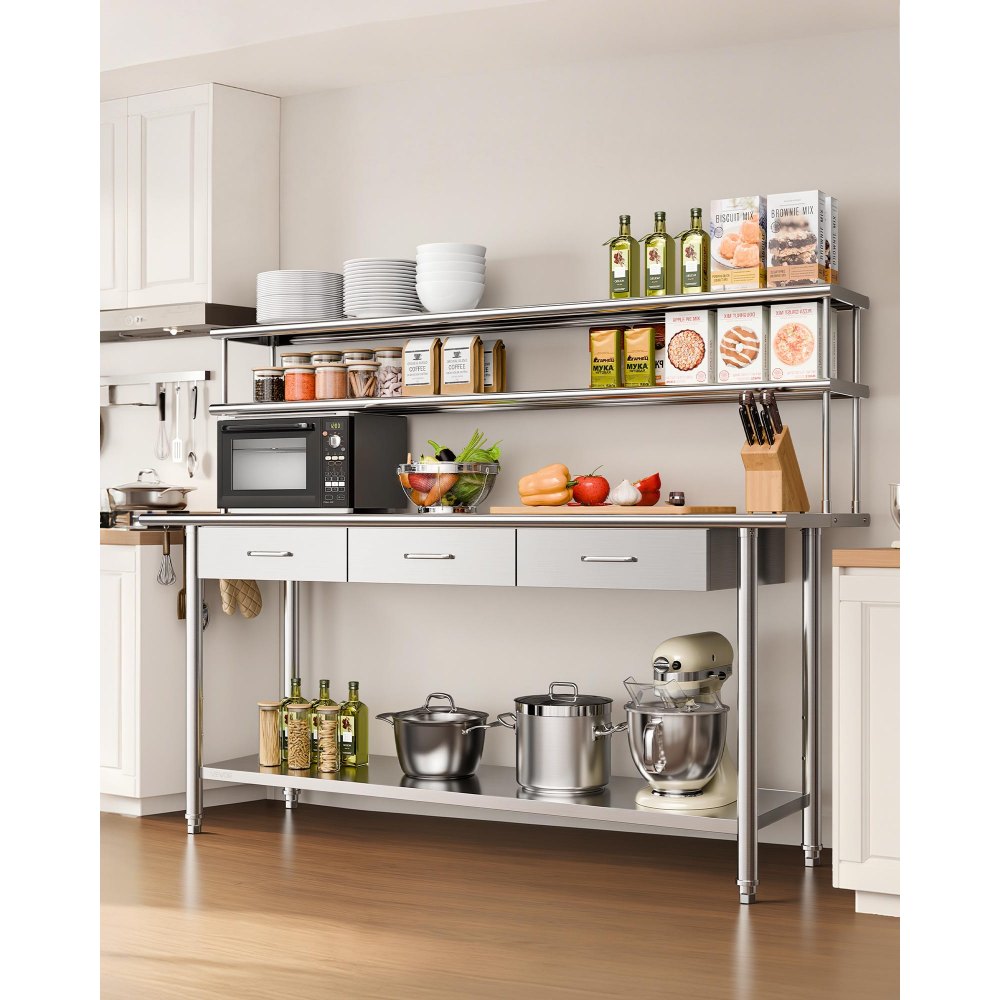 VEVOR Stainless Steel Work Table, 61x183 cm Food Prep Table with Overshelves and 3 Drawers, Commercial Kitchen Workstation with Adjustable Undershelf, Metal Utility Worktable, Restaurant Garage