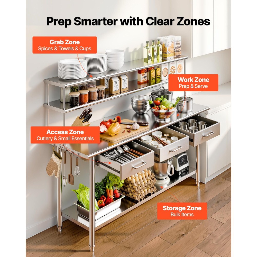 VEVOR Stainless Steel Work Table, 61x183 cm Food Prep Table with Overshelves and 3 Drawers, Commercial Kitchen Workstation with Adjustable Undershelf, Metal Utility Worktable, Restaurant Garage