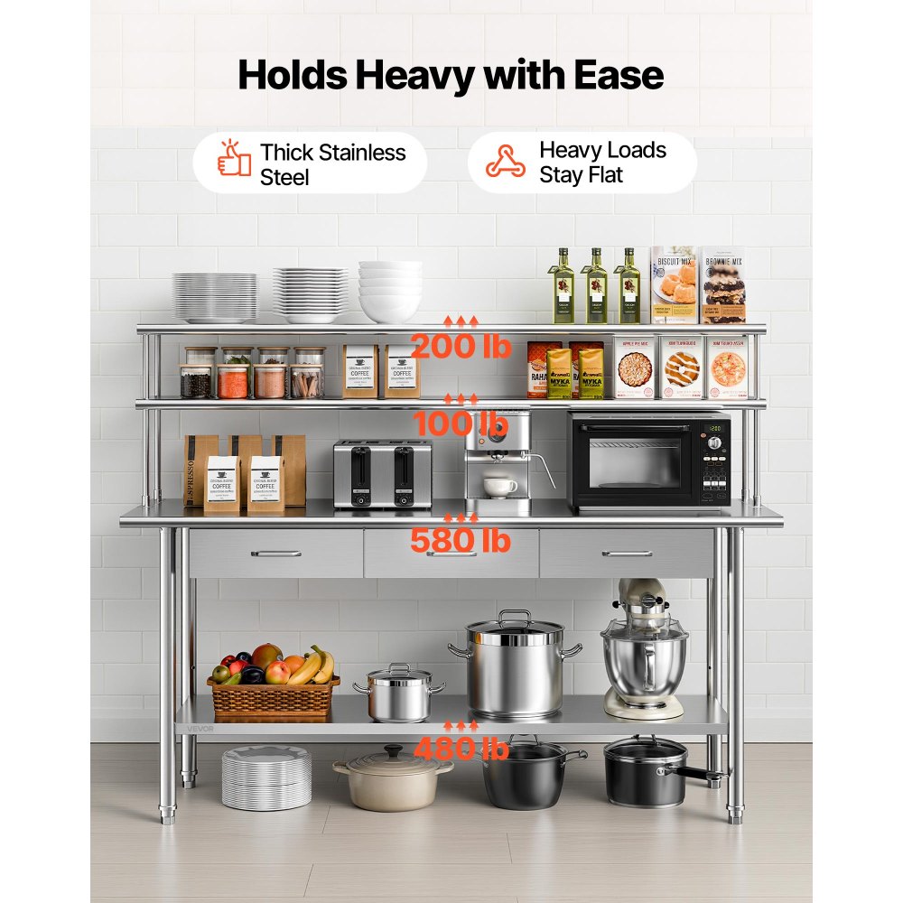 VEVOR Stainless Steel Work Table, 61x183 cm Food Prep Table with Overshelves and 3 Drawers, Commercial Kitchen Workstation with Adjustable Undershelf, Metal Utility Worktable, Restaurant Garage
