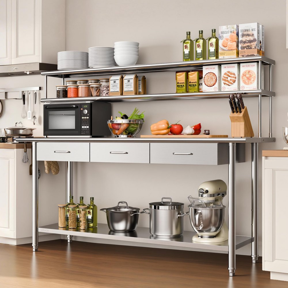 VEVOR Stainless Steel Work Table, 61x183 cm Food Prep Table with Overshelves and 3 Drawers, Commercial Kitchen Workstation with Adjustable Undershelf, Metal Utility Worktable, Restaurant Garage