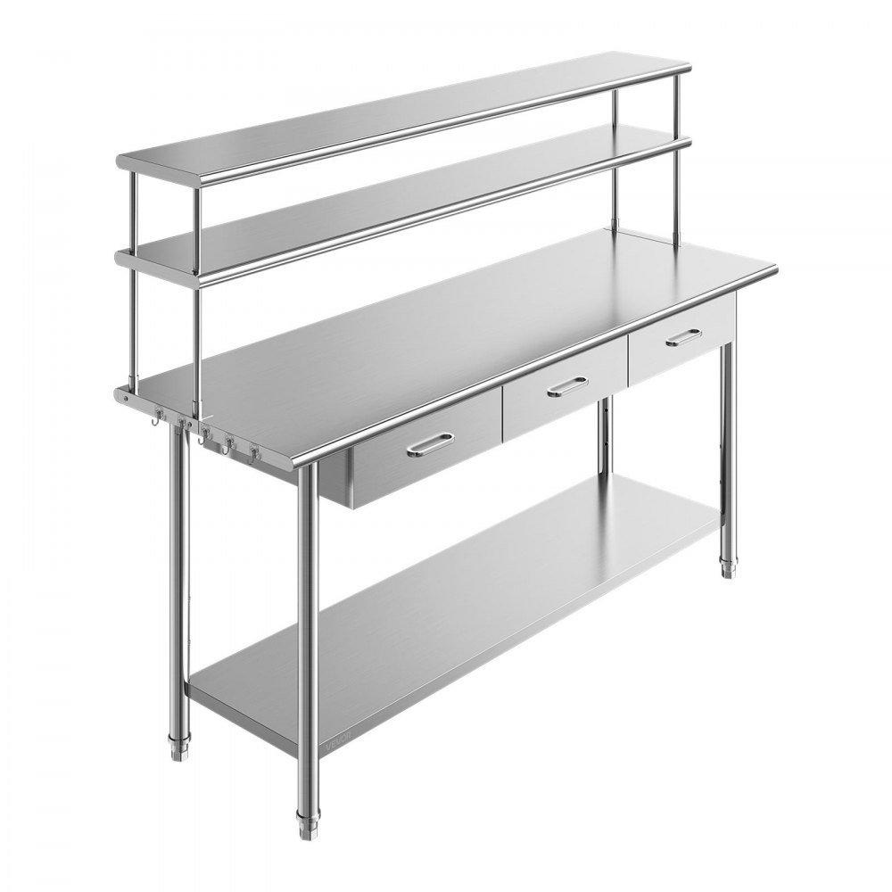 VEVOR Stainless Steel Work Table, 61x183 cm Food Prep Table with Overshelves and 3 Drawers, Commercial Kitchen Workstation with Adjustable Undershelf, Metal Utility Worktable, Restaurant Garage