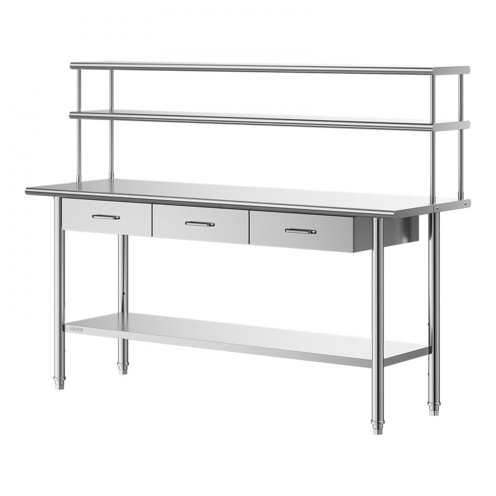VEVOR Stainless Steel Work Table, 61x183 cm Food Prep Table with Overshelves and 3 Drawers, Commercial Kitchen Workstation with Adjustable Undershelf, Metal Utility Worktable, Restaurant Garage