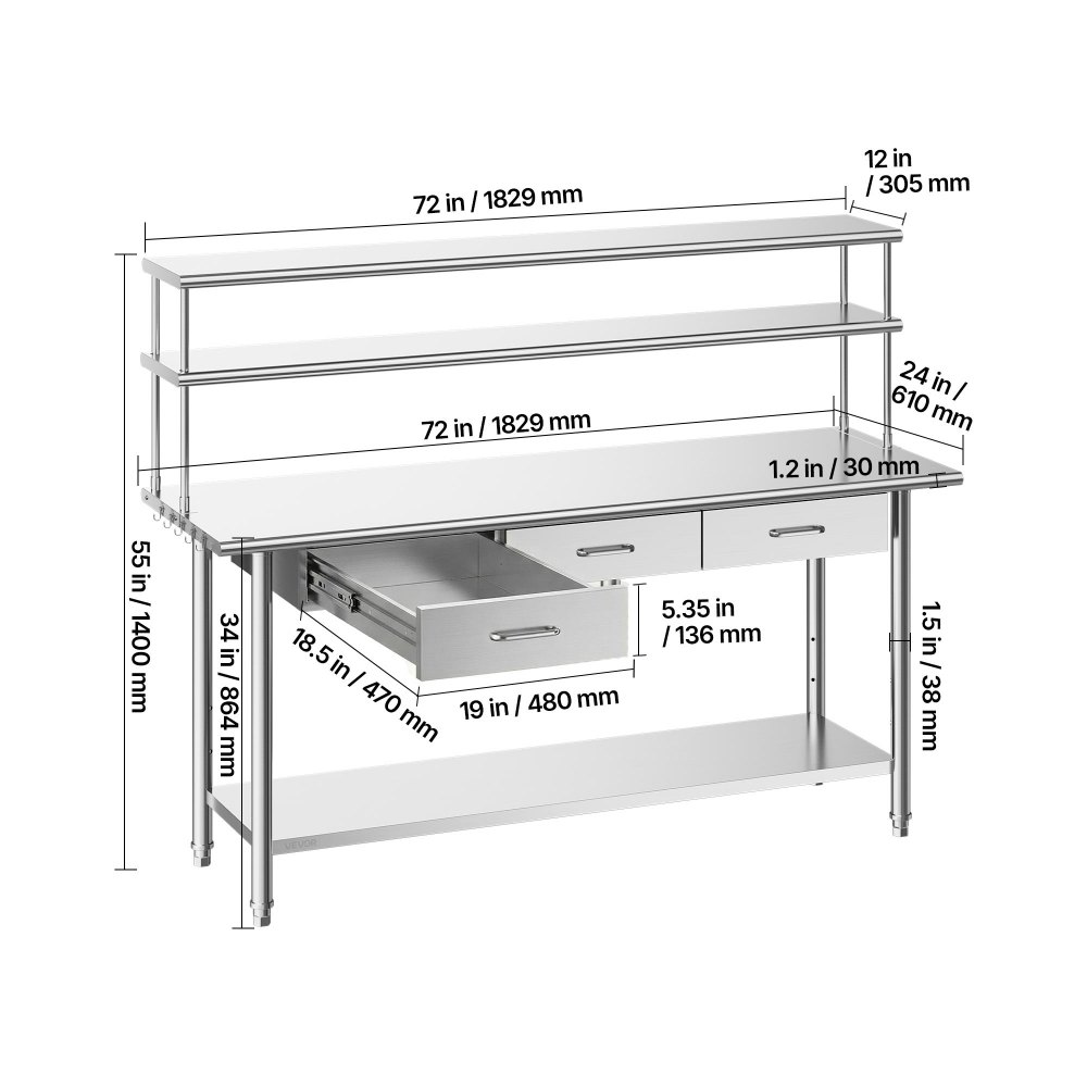 VEVOR Stainless Steel Work Table, 24x72 Inch Food Prep Table with Overshelves and 3 Drawers, Commercial Kitchen Workstation with Adjustable Undershelf, Metal Utility Worktable, for Restaurant Garage