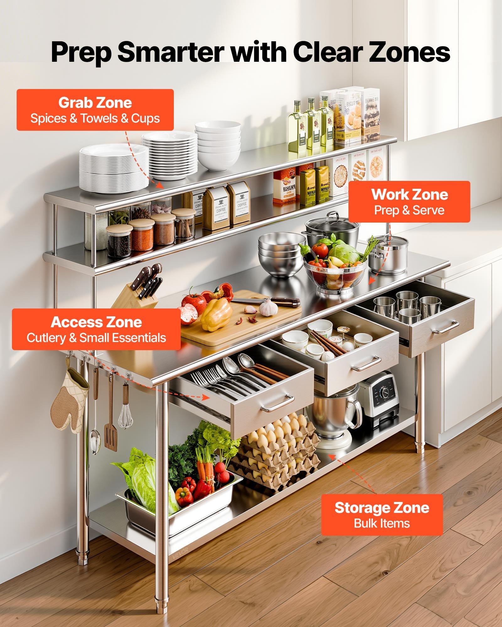 VEVOR Stainless Steel Work Table, 61x183 cm Food Prep Table with Overshelves and 3 Drawers, Commercial Kitchen Workstation with Adjustable Undershelf, Metal Utility Worktable, Restaurant Garage