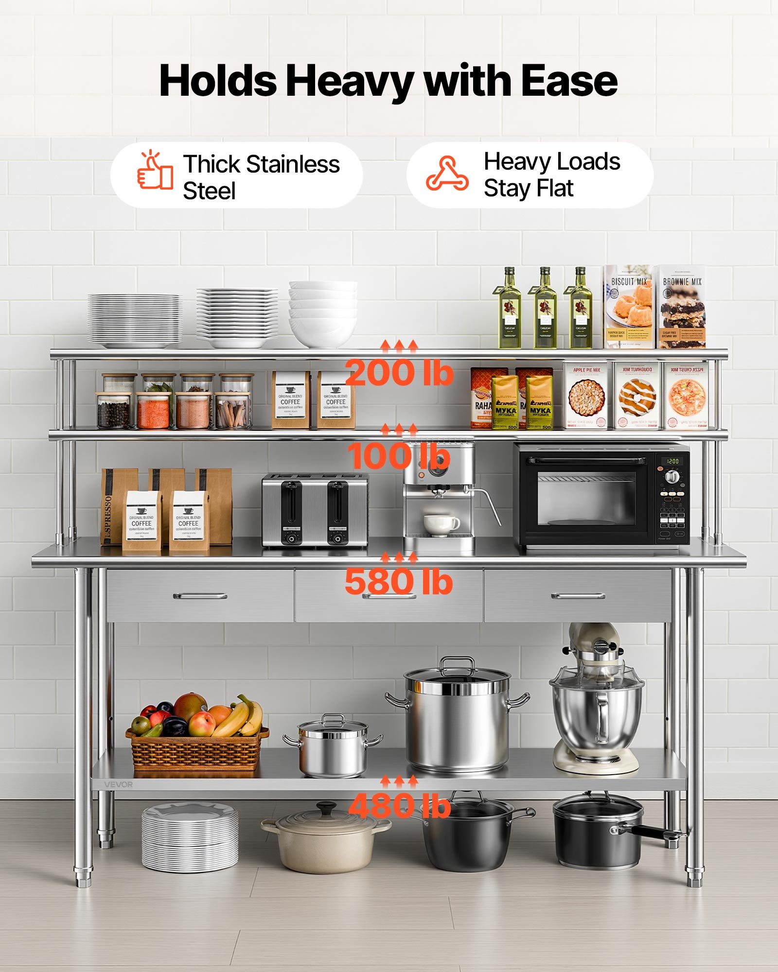 VEVOR Stainless Steel Work Table, 61x183 cm Food Prep Table with Overshelves and 3 Drawers, Commercial Kitchen Workstation with Adjustable Undershelf, Metal Utility Worktable, Restaurant Garage