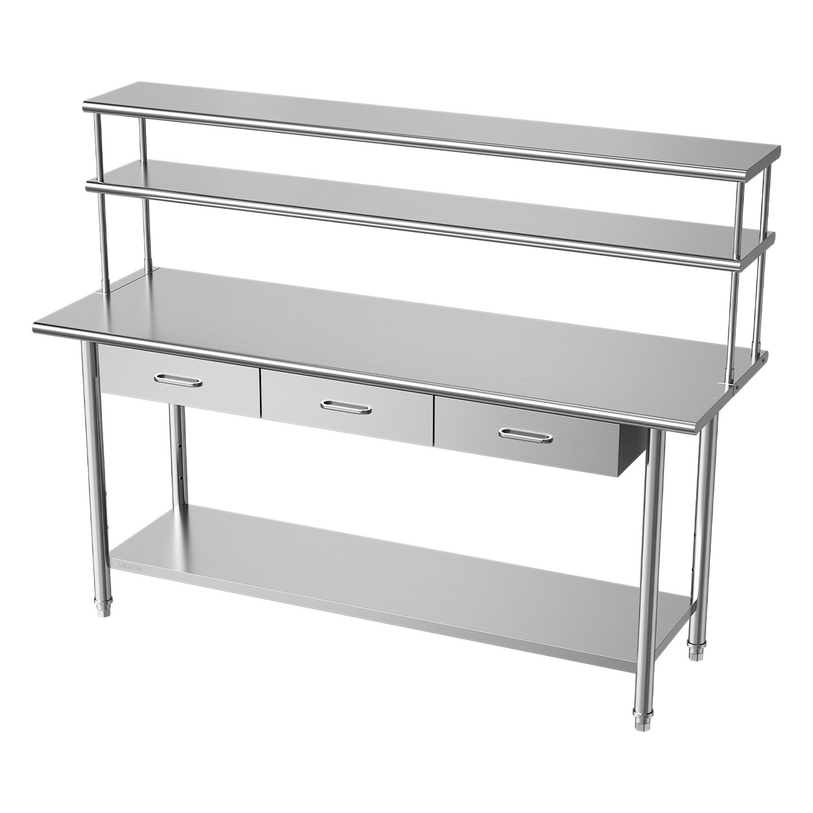 VEVOR Stainless Steel Work Table, 61x183 cm Food Prep Table with Overshelves and 3 Drawers, Commercial Kitchen Workstation with Adjustable Undershelf, Metal Utility Worktable, Restaurant Garage
