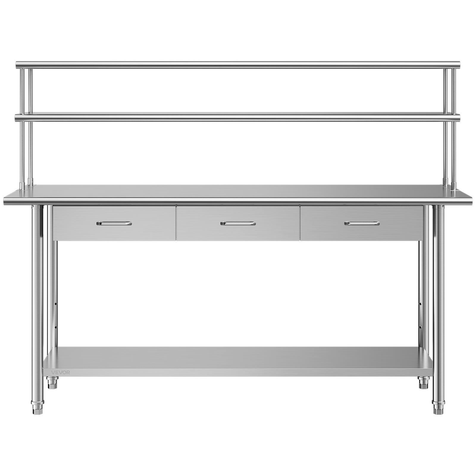VEVOR Stainless Steel Work Table, 61x183 cm Food Prep Table with Overshelves and 3 Drawers, Commercial Kitchen Workstation with Adjustable Undershelf, Metal Utility Worktable, Restaurant Garage