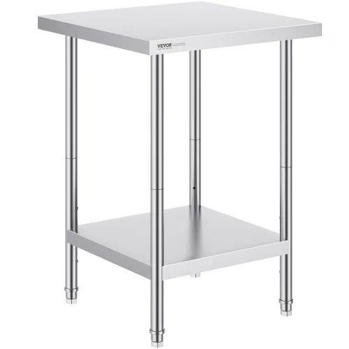 VEVOR Stainless Steel Prep Table, 24 x 24 x 34 Inch, Heavy Duty Metal Worktable with 3 Adjustable Height Levels, Commercial Workstation for Kitchen Garage Restaurant Backyard