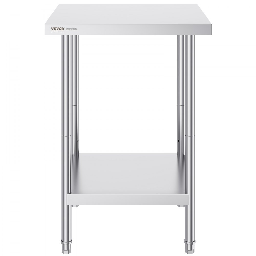 VEVOR Stainless Steel Prep Table, 24 x 24 x 34 Inch, Heavy Duty Metal Worktable with 3 Adjustable Height Levels, Commercial Workstation for Kitchen Garage Restaurant Backyard