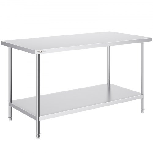 VEVOR Stainless Steel Prep Table, 30 x 60 x 34 Inch, Heavy Duty Metal Worktable with 3 Adjustable Height Levels, Commercial Workstation for Kitchen Garage Restaurant Backyard