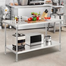 VEVOR Stainless Steel Prep Table, 30 x 60 x 34 Inch, Heavy Duty Metal Worktable with 3 Adjustable Height Levels, Commercial Workstation for Kitchen Garage Restaurant Backyard