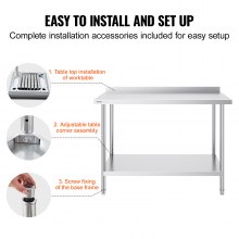VEVOR 24 x 48 x 36 Inch Stainless Steel Work Table, Commercial Food Prep Worktable Heavy Duty Prep Worktable, Metal Work Table with Adjustable Height for Restaurant, Home and Hotel