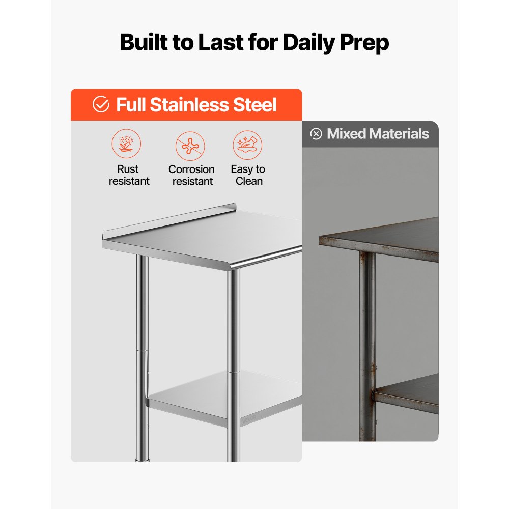 VEVOR Stainless Steel Work Table, 61x76 cm Food Prep Table with Backsplash, Commercial Kitchen Workstation with Adjustable Undershelf, Metal Heavy Duty Utility Worktable, for Restaurant Outdoor