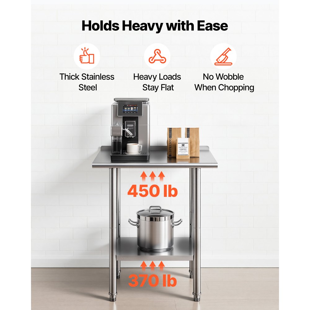 VEVOR Stainless Steel Work Table, 61x76 cm Food Prep Table with Backsplash, Commercial Kitchen Workstation with Adjustable Undershelf, Metal Heavy Duty Utility Worktable, for Restaurant Outdoor