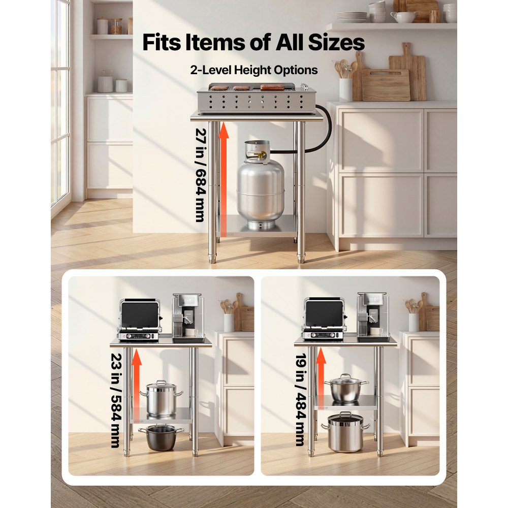 VEVOR Stainless Steel Work Table, 61x76 cm Food Prep Table with Backsplash, Commercial Kitchen Workstation with Adjustable Undershelf, Metal Heavy Duty Utility Worktable, for Restaurant Outdoor