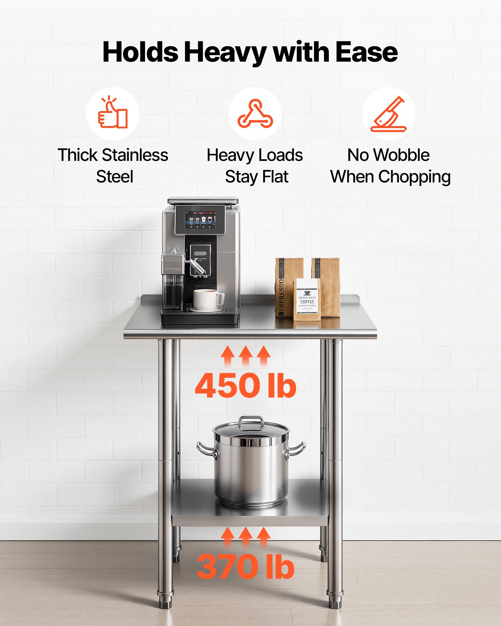 VEVOR Stainless Steel Work Table, 61x76 cm Food Prep Table with Backsplash, Commercial Kitchen Workstation with Adjustable Undershelf, Metal Heavy Duty Utility Worktable, for Restaurant Outdoor