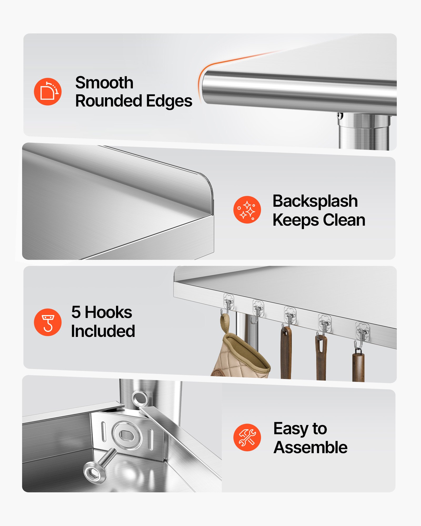 VEVOR Stainless Steel Work Table, 61x76 cm Food Prep Table with Backsplash, Commercial Kitchen Workstation with Adjustable Undershelf, Metal Heavy Duty Utility Worktable, for Restaurant Outdoor