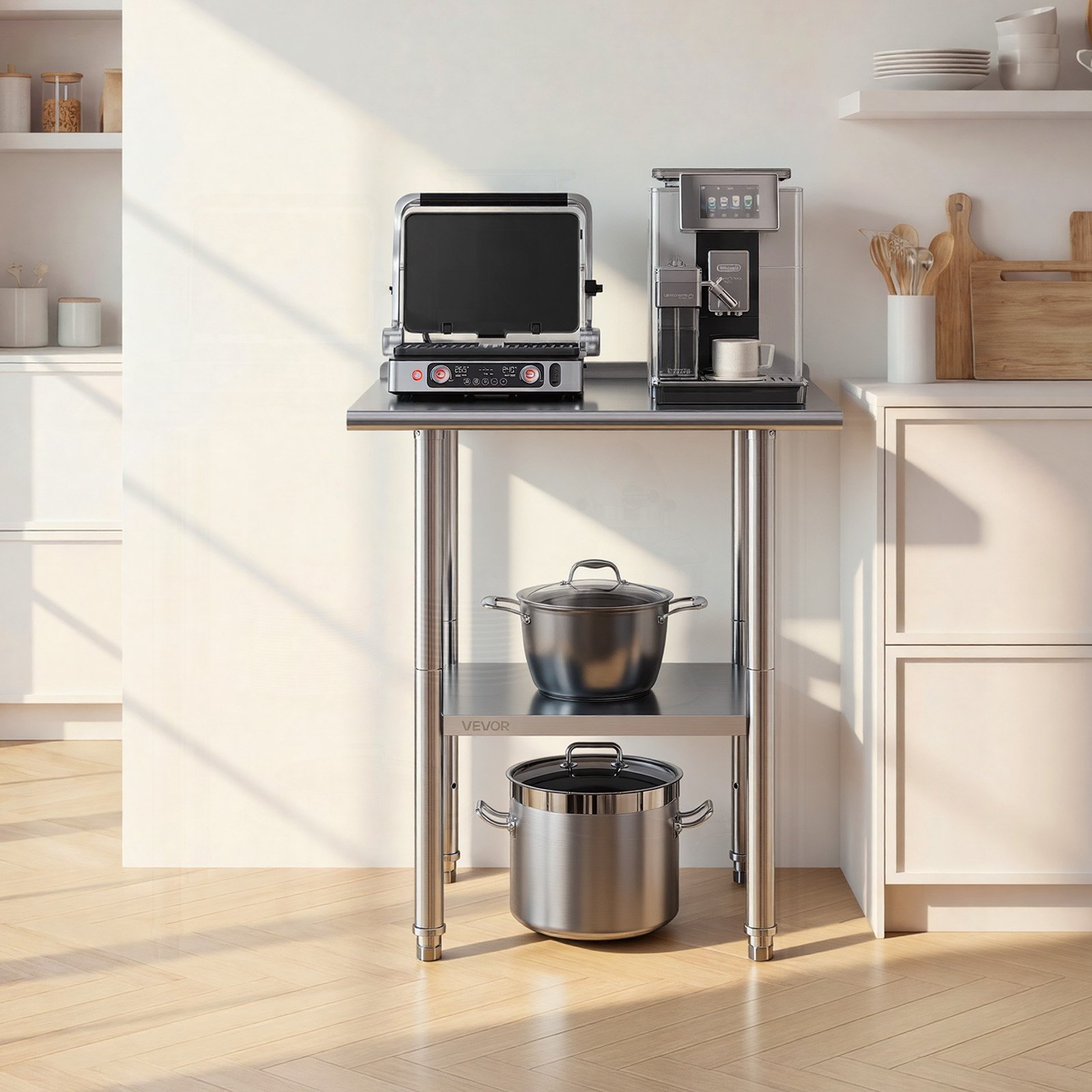 VEVOR Stainless Steel Work Table, 61x76 cm Food Prep Table with Backsplash, Commercial Kitchen Workstation with Adjustable Undershelf, Metal Heavy Duty Utility Worktable, for Restaurant Outdoor