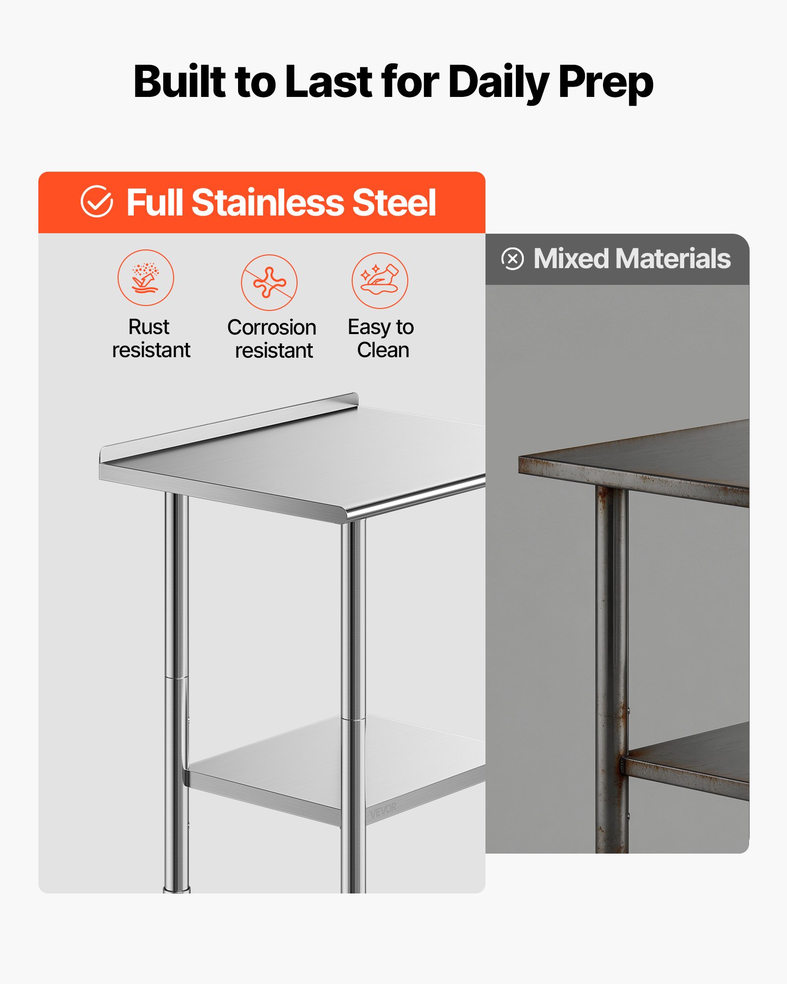 VEVOR Stainless Steel Work Table, 61x76 cm Food Prep Table with Backsplash, Commercial Kitchen Workstation with Adjustable Undershelf, Metal Heavy Duty Utility Worktable, for Restaurant Outdoor