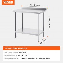 VEVOR 24 x 36 x 36 Inch Stainless Steel Work Table, Commercial Food Prep Worktable Heavy Duty Prep Worktable, Metal Work Table with Adjustable Height for Restaurant, Home and Hotel