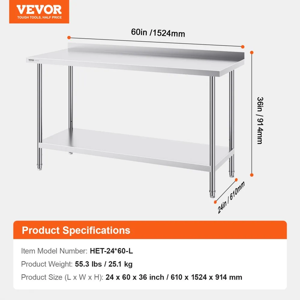 VEVOR Stainless Steel Work Table Commercial Kitchen Work Food Prep Table 24"x60"