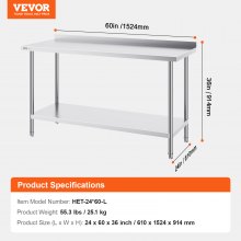 VEVOR 24 x 60 x 36 Inch Stainless Steel Work Table, Commercial Food Prep Worktable Heavy Duty Prep Worktable, Metal Work Table with Adjustable Height for Restaurant, Home and Hotel