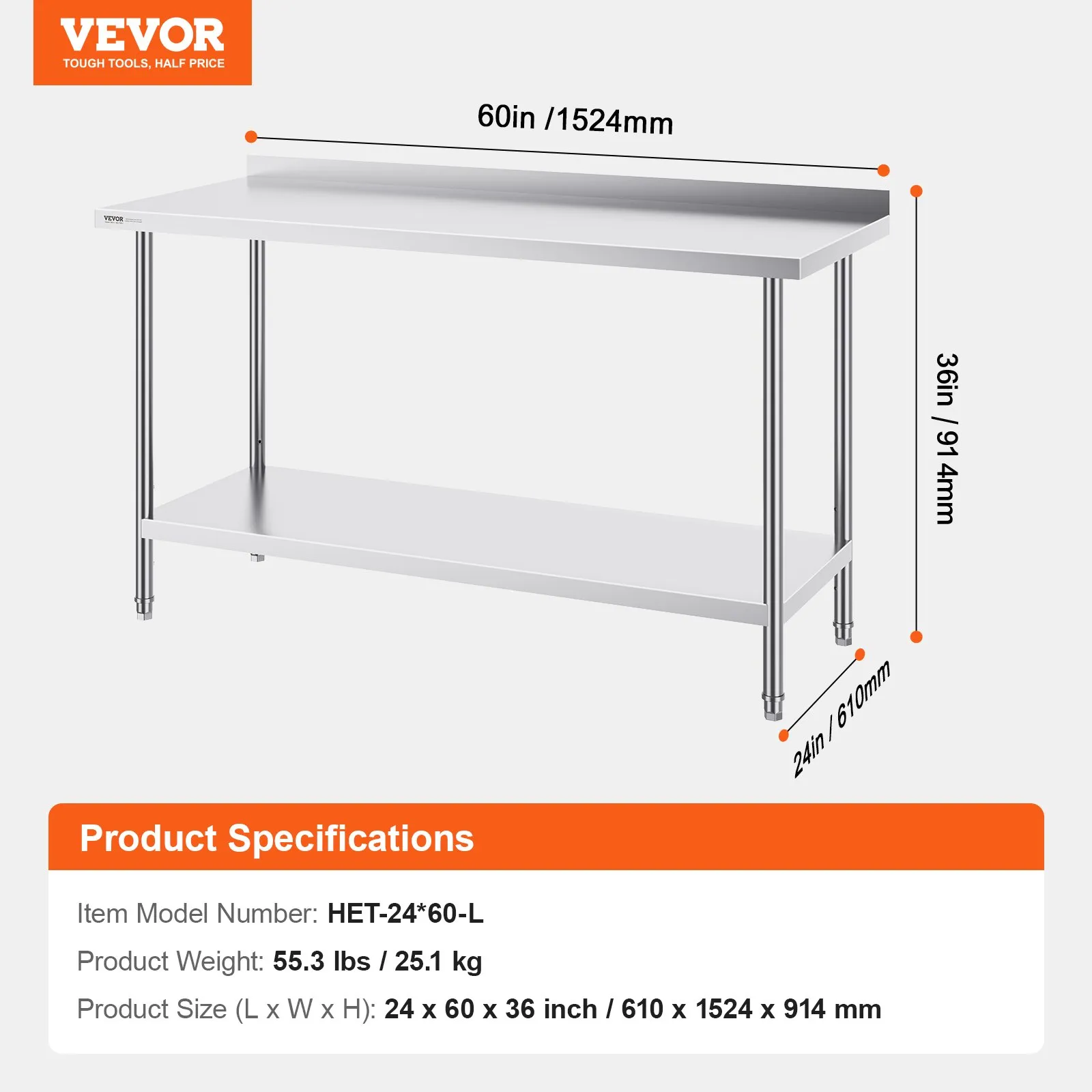 VEVOR Stainless Steel Work Table Commercial Kitchen Work Food Prep Table 24"x60"