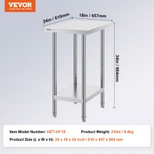 VEVOR Stainless Steel Prep Table, 24 x 18 x 34 Inch, Heavy Duty Metal Worktable with 3 Adjustable Height Levels, Commercial Workstation for Kitchen Garage Restaurant Backyard