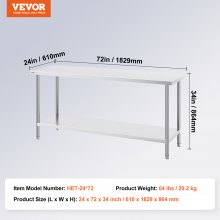 VEVOR Stainless Steel Prep Table, 24 x 72 x 34 Inch, Heavy Duty Metal Worktable with 3 Adjustable Height Levels, Commercial Workstation for Kitchen Garage Restaurant Backyard