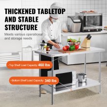 VEVOR Stainless Steel Prep Table, 24 x 48 x 34 Inch, Heavy Duty Metal Worktable with 3 Adjustable Height Levels, Commercial Workstation for Kitchen Garage Restaurant Backyard