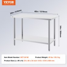 VEVOR Stainless Steel Prep Table, 24 x 48 x 34 Inch, Heavy Duty Metal Worktable with 3 Adjustable Height Levels, Commercial Workstation for Kitchen Garage Restaurant Backyard