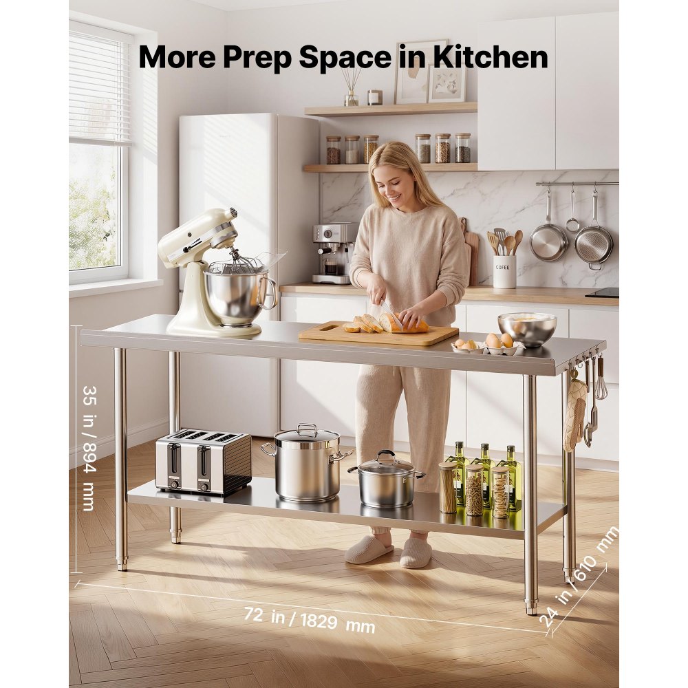 VEVOR Stainless Steel Work Table, 61x183 cm Food Prep Table with Backsplash, Commercial Kitchen Workstation with Adjustable Undershelf, Metal Heavy Duty Utility Worktable, for Restaurant Home Outdoor