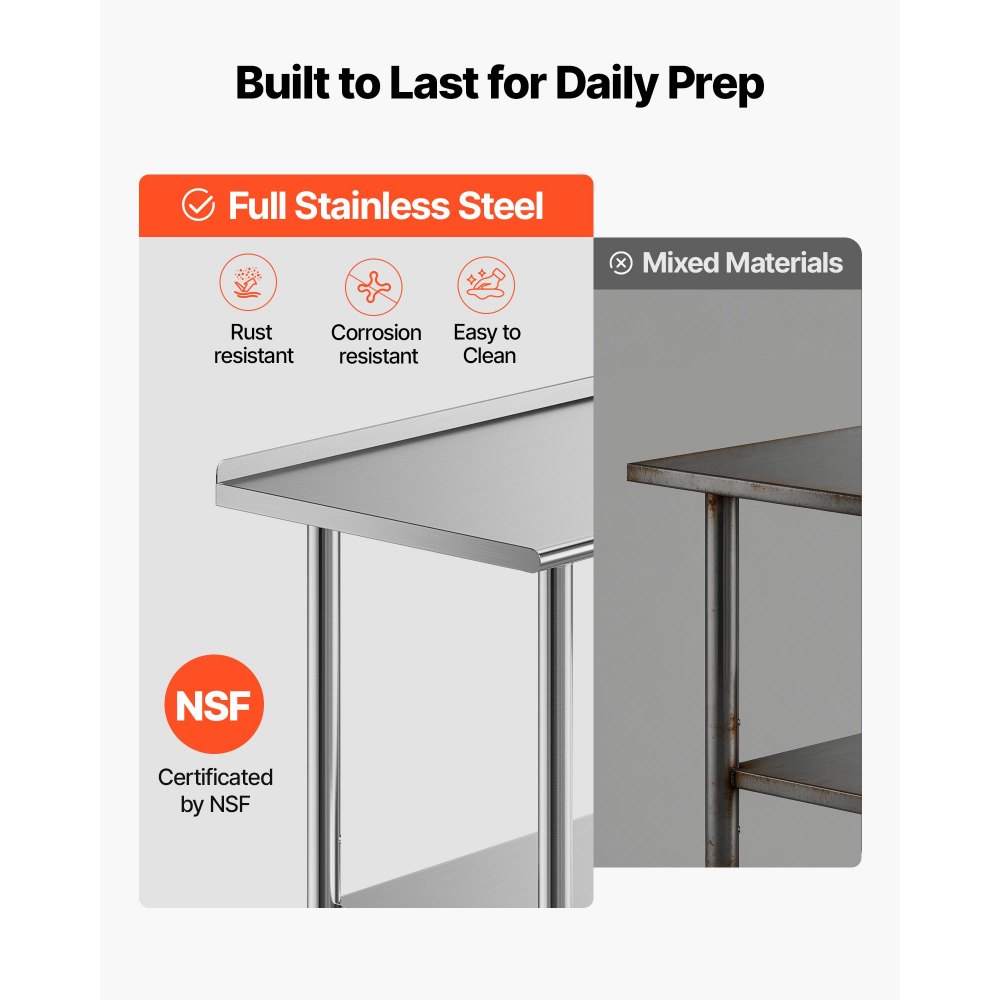 VEVOR Stainless Steel Work Table, 61x183 cm Food Prep Table with Backsplash, Commercial Kitchen Workstation with Adjustable Undershelf, Metal Heavy Duty Utility Worktable, for Restaurant Home Outdoor