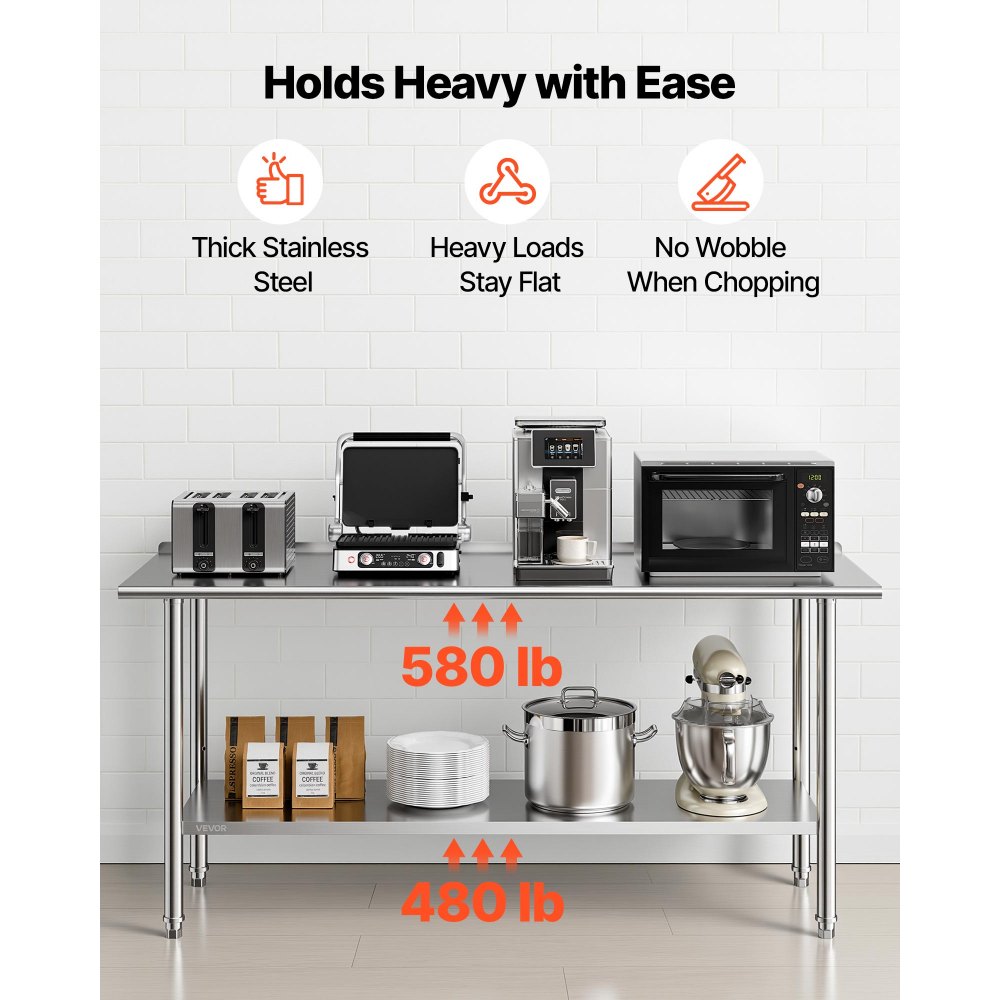 VEVOR Stainless Steel Work Table, 61x183 cm Food Prep Table with Backsplash, Commercial Kitchen Workstation with Adjustable Undershelf, Metal Heavy Duty Utility Worktable, for Restaurant Home Outdoor