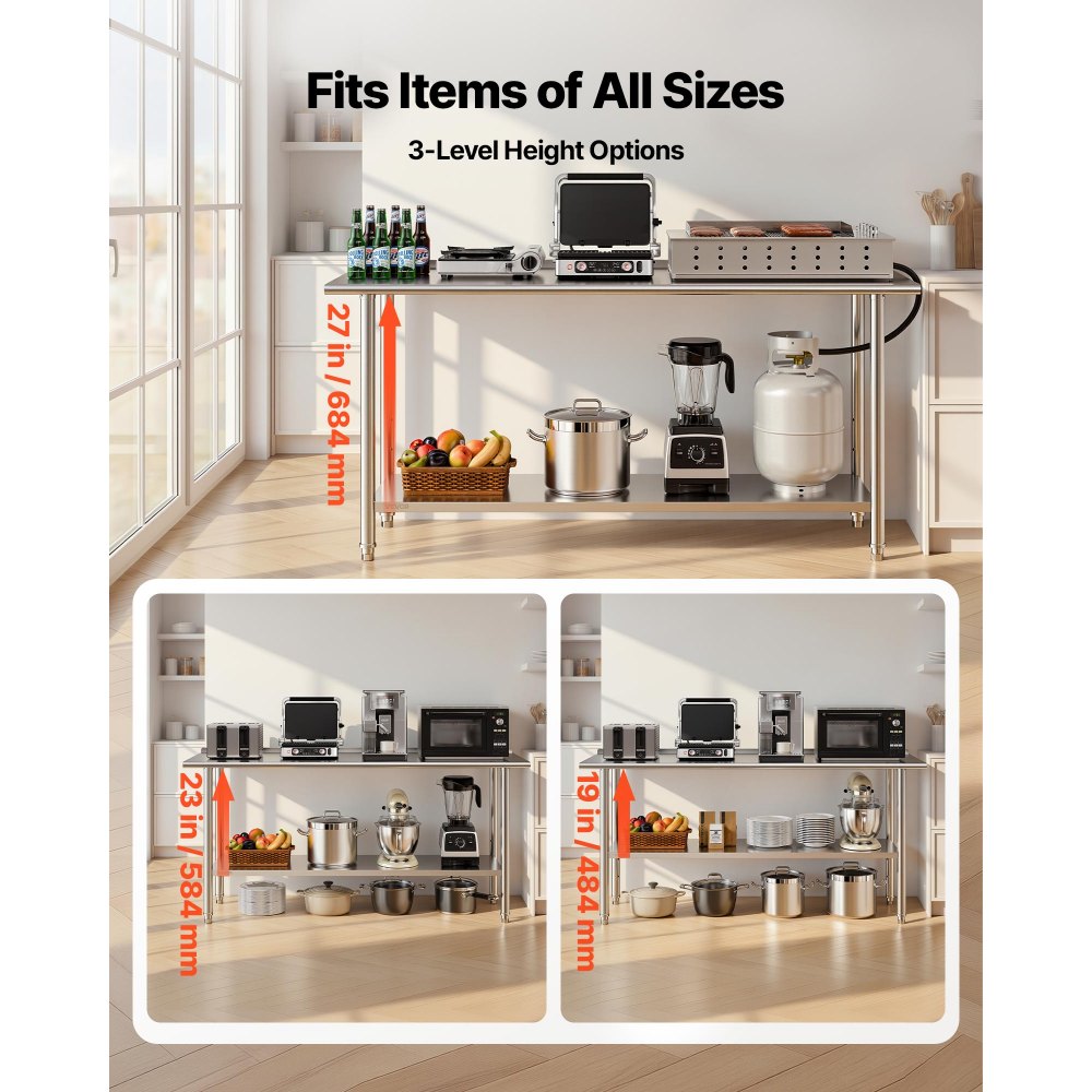 VEVOR Stainless Steel Work Table, 61x183 cm Food Prep Table with Backsplash, Commercial Kitchen Workstation with Adjustable Undershelf, Metal Heavy Duty Utility Worktable, for Restaurant Home Outdoor