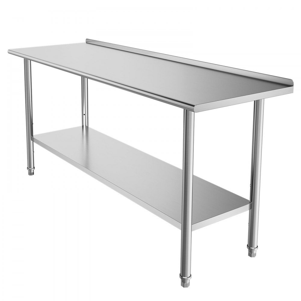 VEVOR Stainless Steel Work Table, 61x183 cm Food Prep Table with Backsplash, Commercial Kitchen Workstation with Adjustable Undershelf, Metal Heavy Duty Utility Worktable, for Restaurant Home Outdoor
