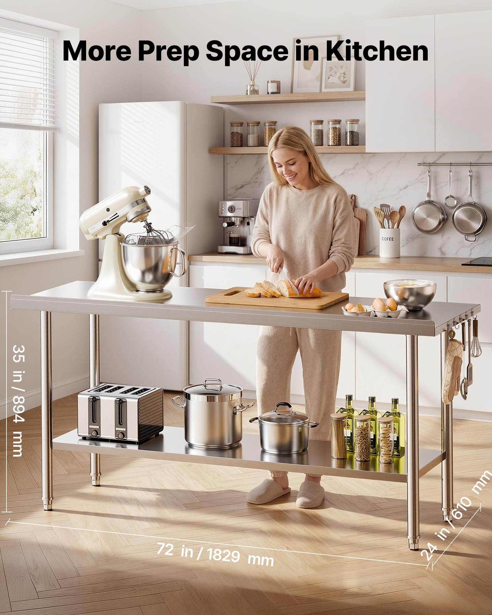 VEVOR Stainless Steel Work Table, 61x183 cm Food Prep Table with Backsplash, Commercial Kitchen Workstation with Adjustable Undershelf, Metal Heavy Duty Utility Worktable, for Restaurant Home Outdoor