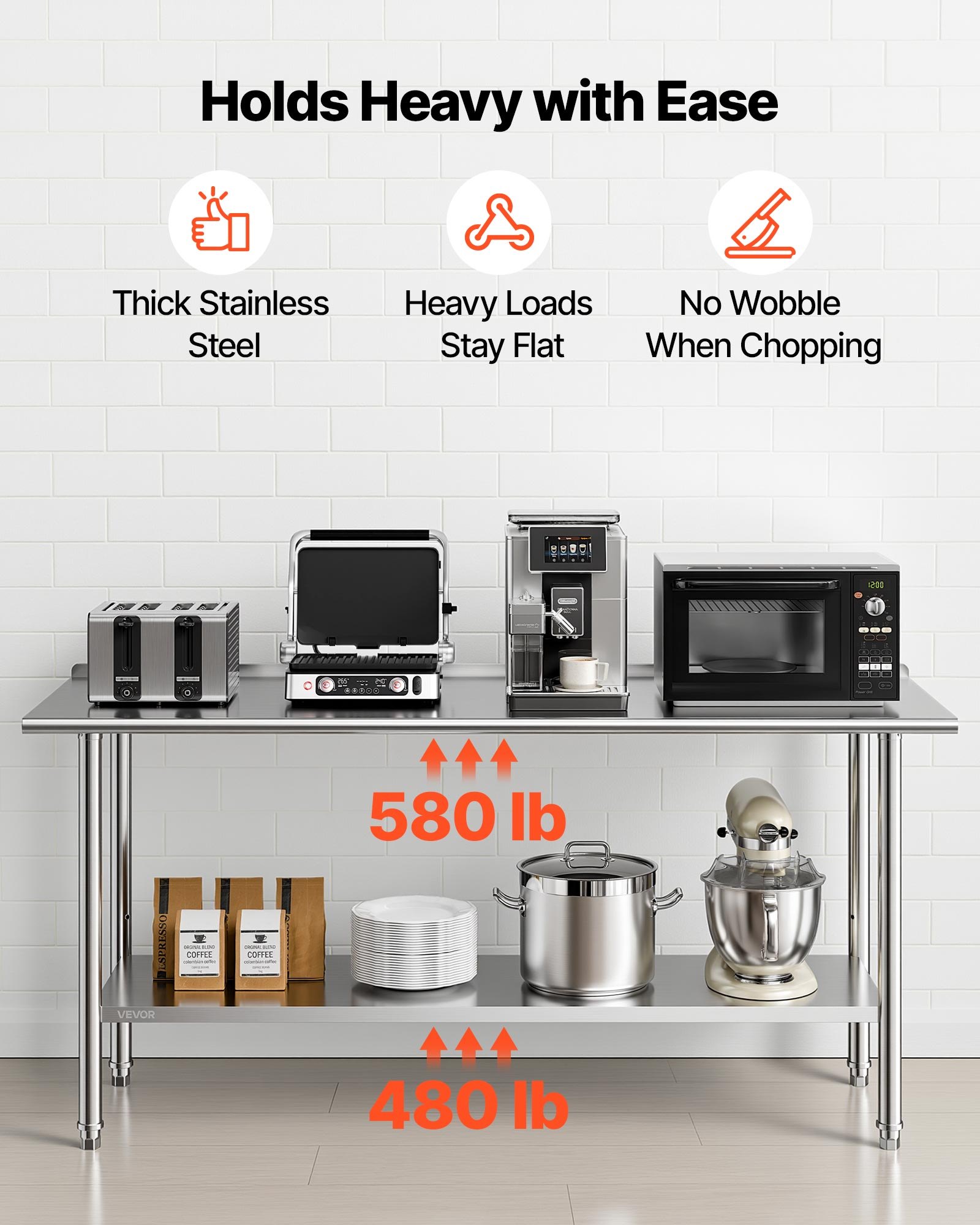 VEVOR Stainless Steel Work Table, 61x183 cm Food Prep Table with Backsplash, Commercial Kitchen Workstation with Adjustable Undershelf, Metal Heavy Duty Utility Worktable, for Restaurant Home Outdoor