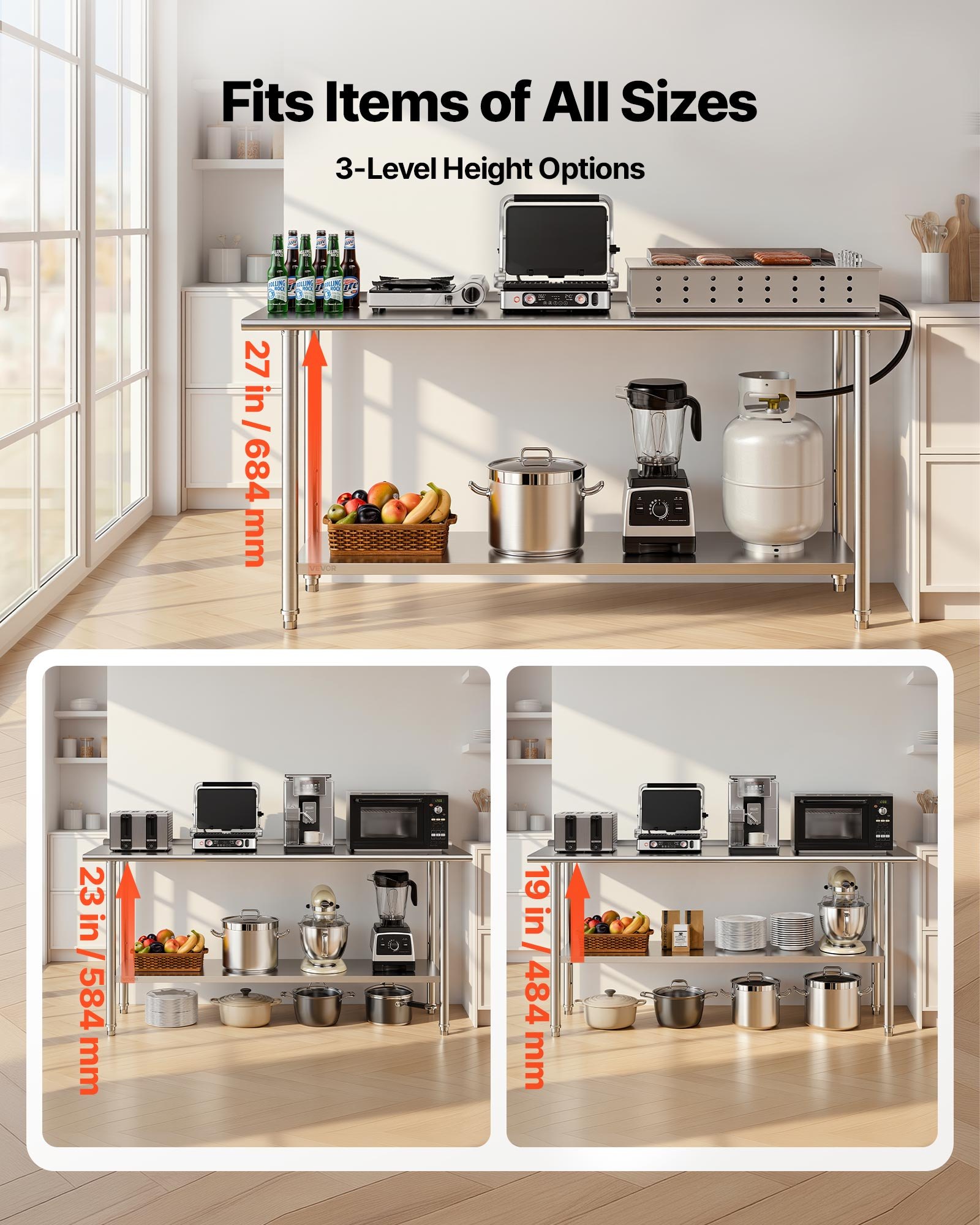 VEVOR Stainless Steel Work Table, 61x183 cm Food Prep Table with Backsplash, Commercial Kitchen Workstation with Adjustable Undershelf, Metal Heavy Duty Utility Worktable, for Restaurant Home Outdoor