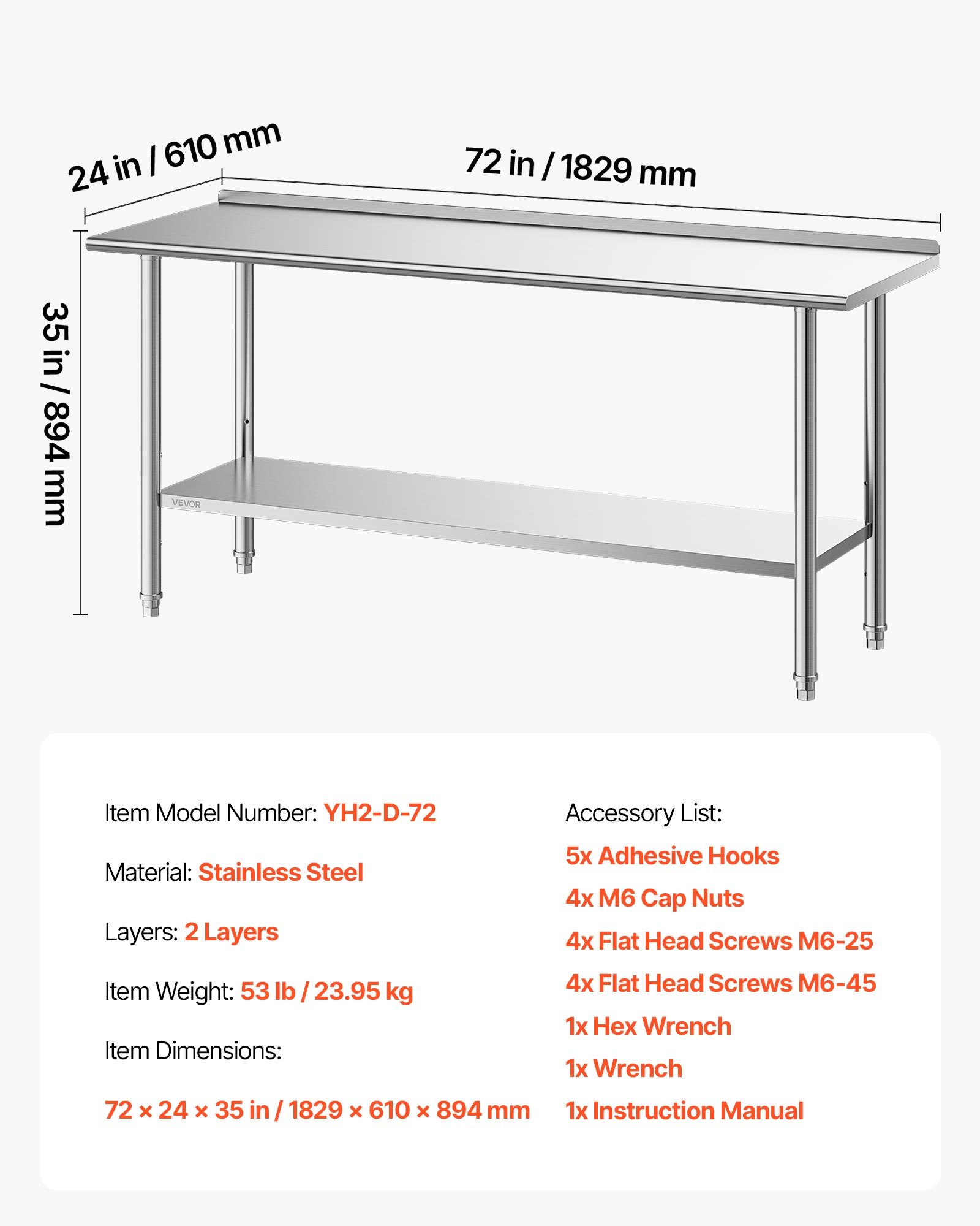 VEVOR Stainless Steel Work Table, 61x183 cm Food Prep Table with Backsplash, Commercial Kitchen Workstation with Adjustable Undershelf, Metal Heavy Duty Utility Worktable, for Restaurant Home Outdoor