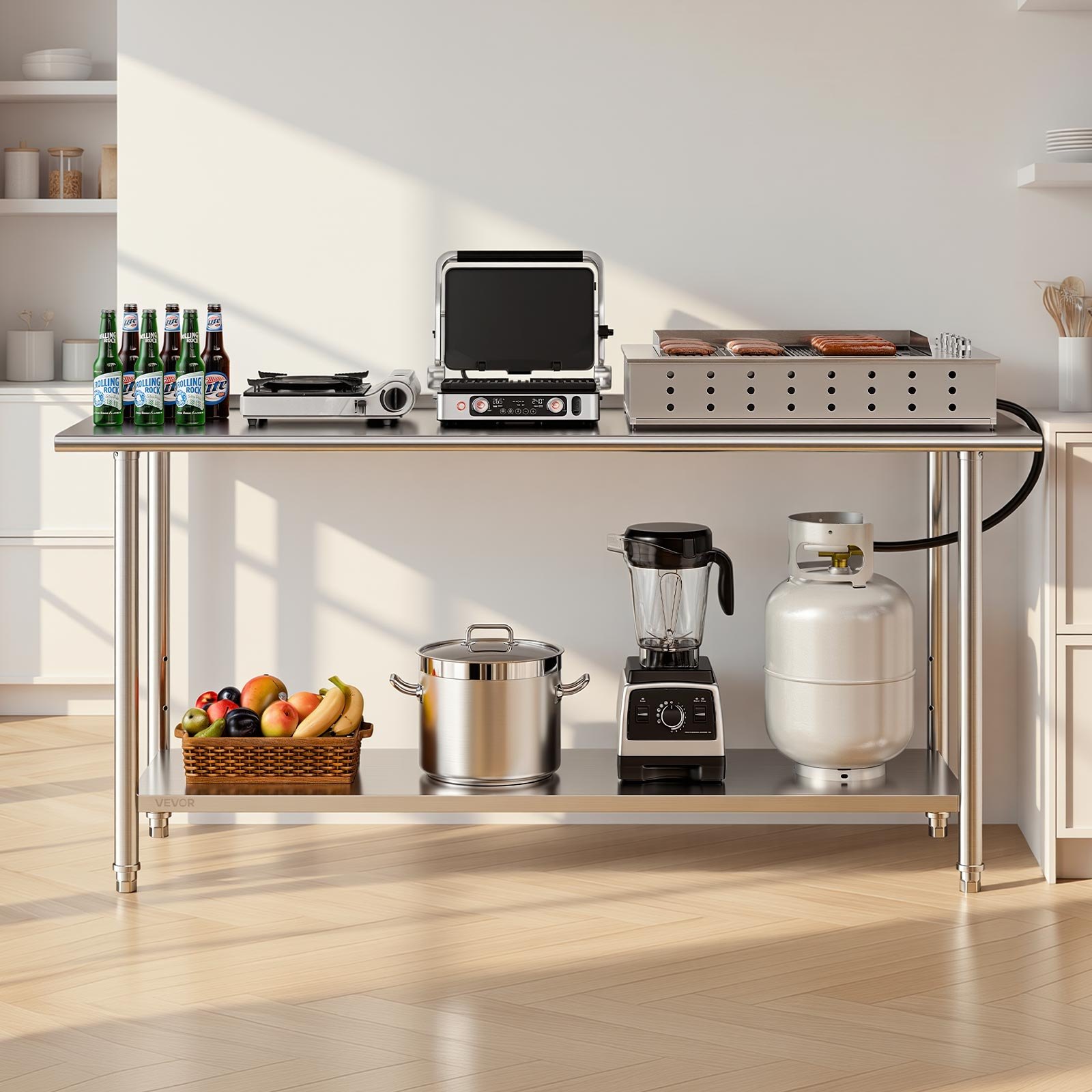 VEVOR Stainless Steel Work Table, 61x183 cm Food Prep Table with Backsplash, Commercial Kitchen Workstation with Adjustable Undershelf, Metal Heavy Duty Utility Worktable, for Restaurant Home Outdoor