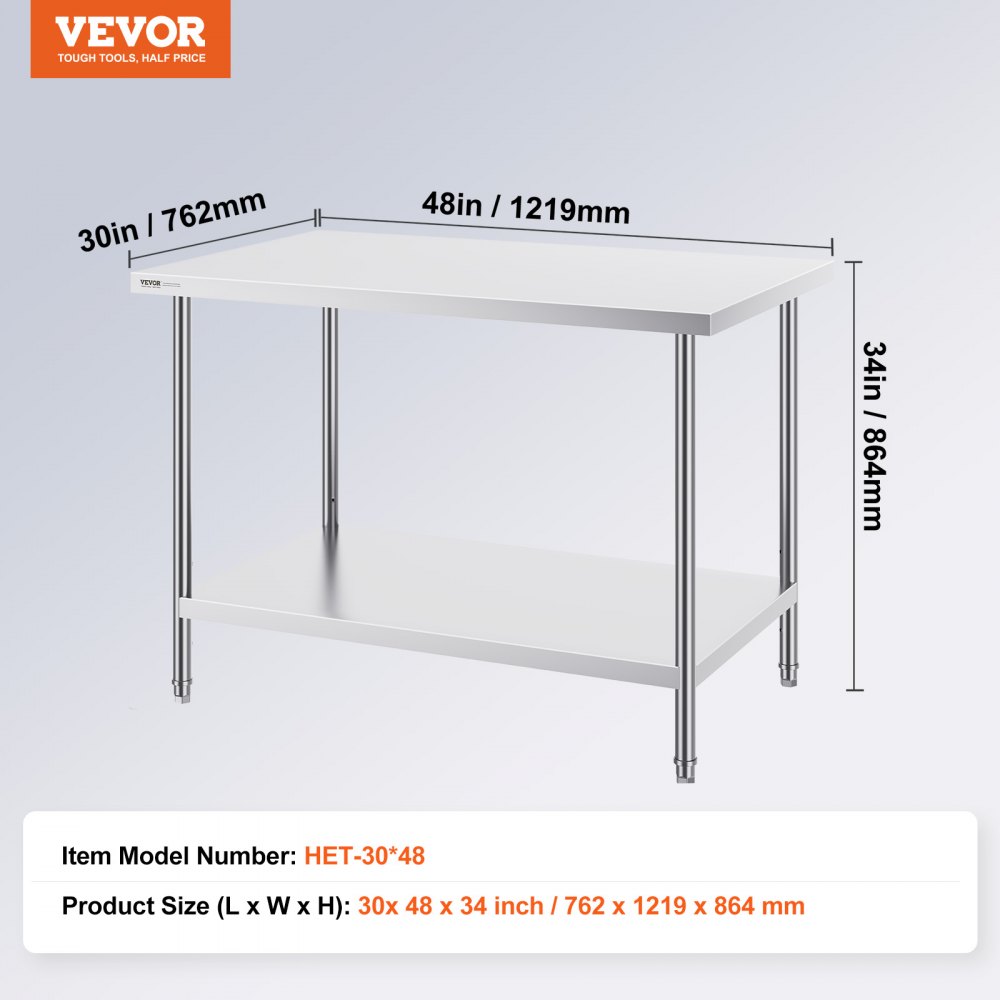 VEVOR Stainless Steel Prep Table,  762 x 1219 x 864 mm, Heavy Duty Metal Worktable with 3 Adjustable Height Levels, Commercial Workstation for Kitchen Garage Restaurant Backyard
