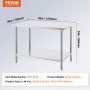 VEVOR Stainless Steel Prep Table, 30 x 48 x 34 Inch, Heavy Duty Metal Worktable with 3 Adjustable Height Levels, Commercial Workstation for Kitchen Garage Restaurant Backyard