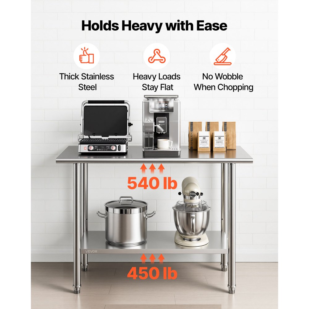 VEVOR Stainless Steel Work Table, 61x122 cm Food Prep Table, Commercial Kitchen Workstation with Adjustable Undershelf, Metal Heavy Duty Utility Worktable, for Restaurant Home Hotel Garage Outdoor